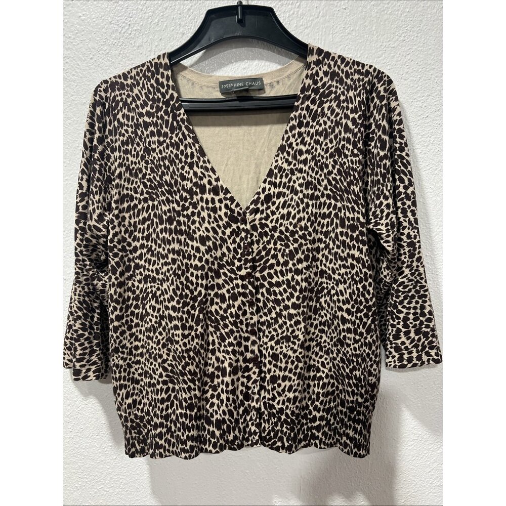 Josephine Chaus Sweater L Ivory Brown Leopard Button Up Cardigan 3/4 Sleeve Silk